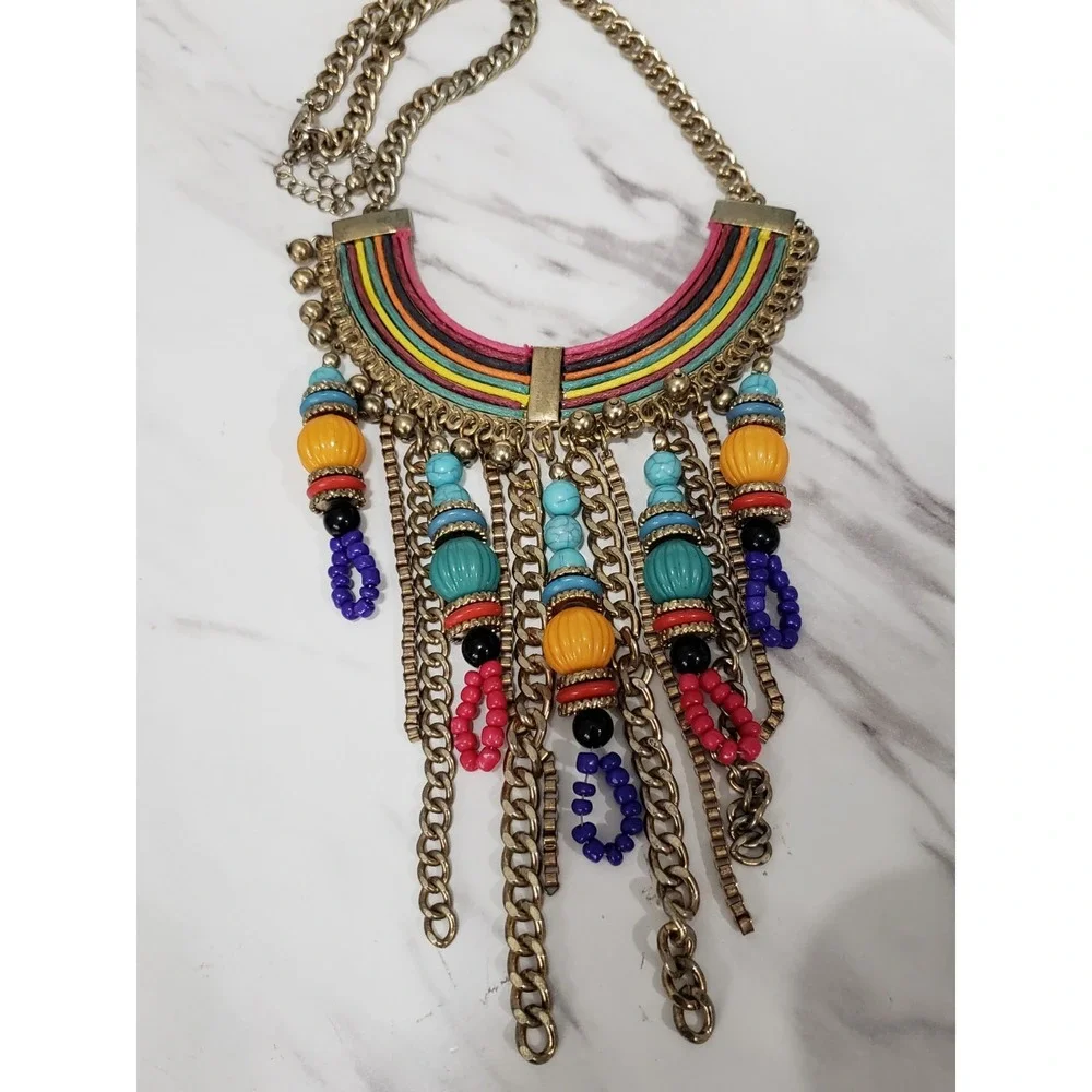 TRIBAL FASHION NECKLACE BIB STATEMENT RAINBOW CRESCENT MOON HIPPIE NECKLACE BOHO
